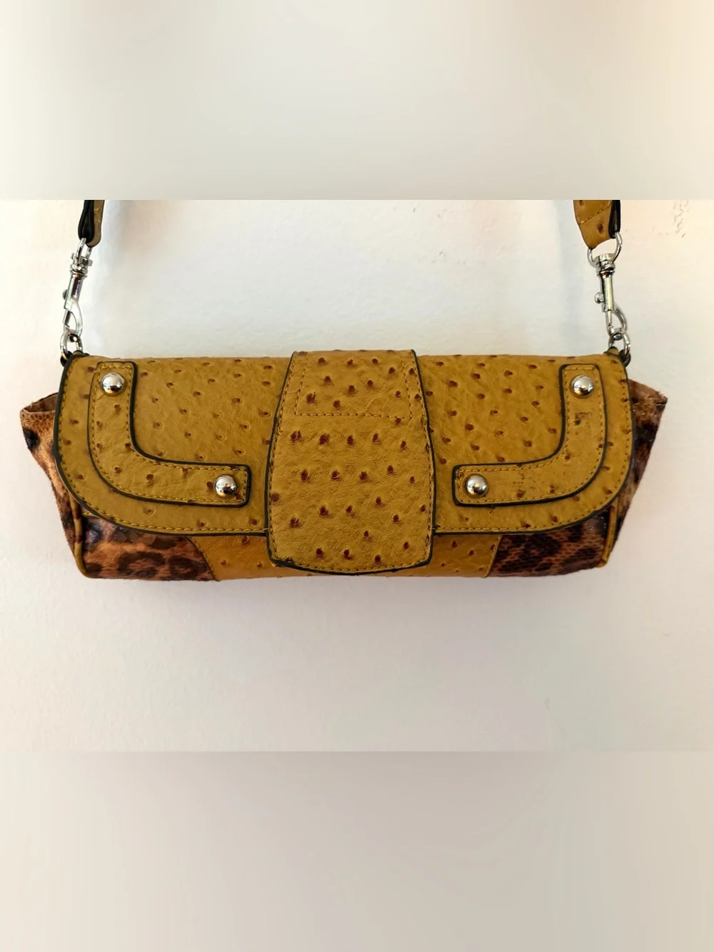 Vintage Hobo Purse w/ Faux Snakeskin & Ostrich Y2K Shoulder Bag Clutch 4 Pocket